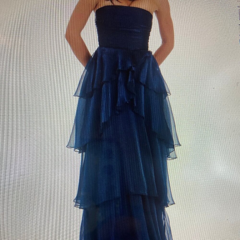 Lucy in the Sky Corset Petal Ruffle Strapless Maxi Dress in Navy. Size XS